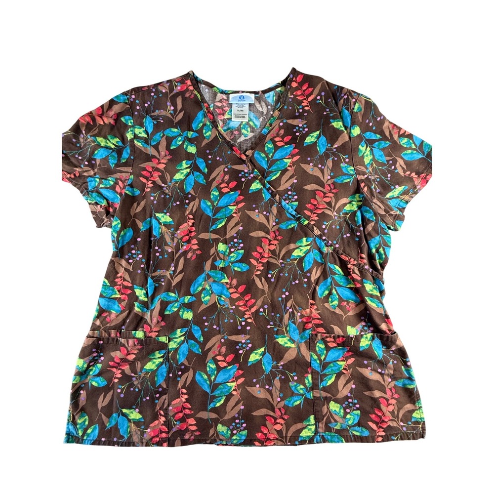 SB Scrubs XL Floral Print Scrub Top Short Sleeve Brown Blue Red Flowers
